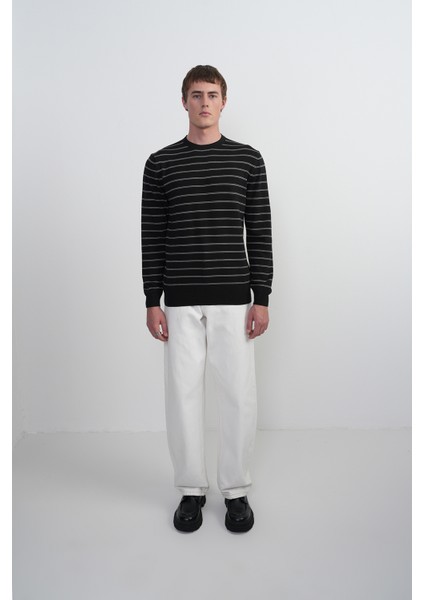 Erkek Çizgili Bisiklet Yaka Salaş Siyah Sweatshirt