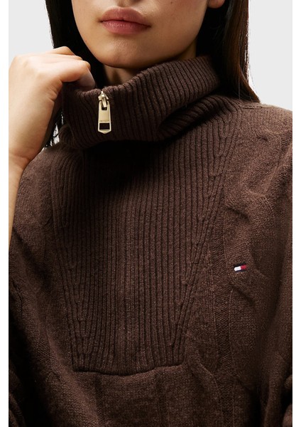 % 100 Yün Relaxed Fit Yarım Fermuarlı Dik Yaka Örgü Kazak Bayan Kazak WW0WW46425 Gv0 fırsatları