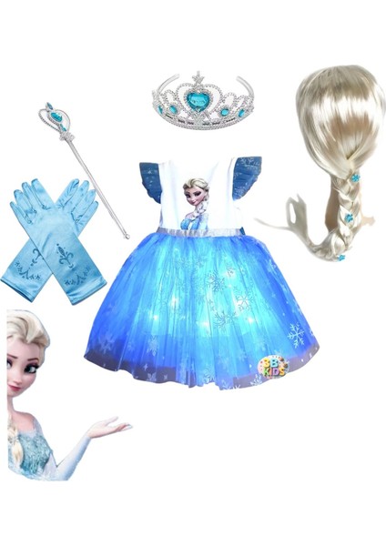 Işıklı Elsa Anna Kostüm Elbise + Elsa Peruk + Elsa Taç-Asa + Elsa Eldiven Doğum Günü Parti Seti