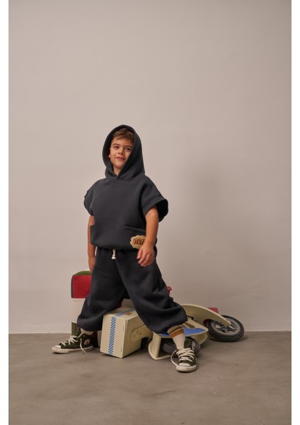 Koyu Gri Nakışlı Cepli Hoodie Takım fiyatları