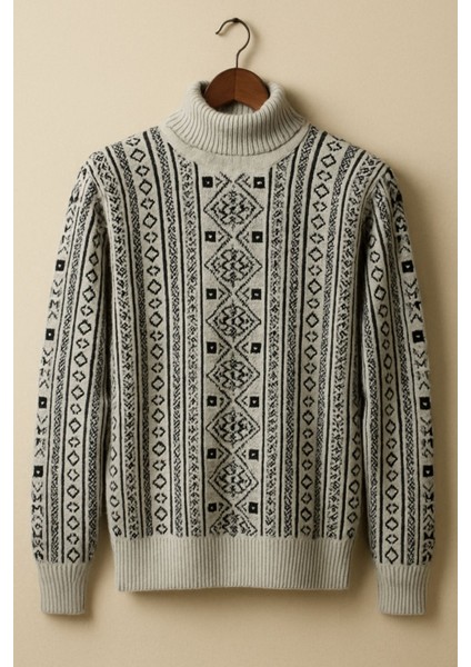 Moba Desenli Gri Boğazlı Kalın Kazak Erkek Kışlık Triko