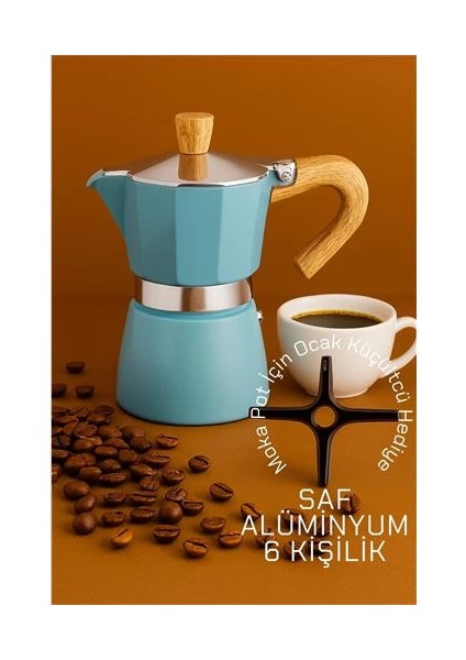 Bfs Italyan Moka Pot - 6061 Saf Alüminyum Ahşap Saplı - 6 Kişilik Mavi