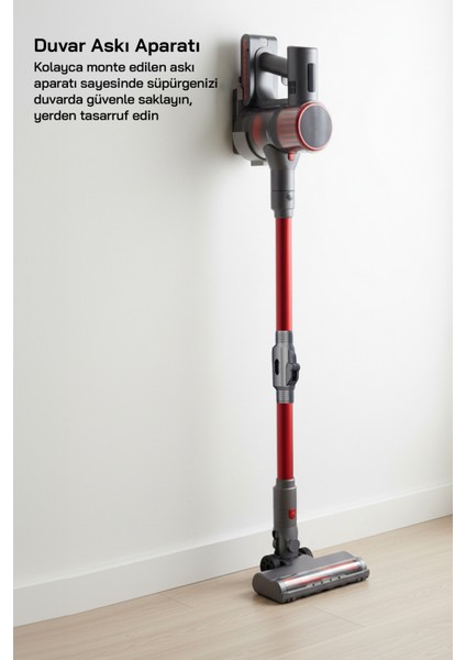 Dikey Kablosuz Şarjlı LED Aydınlatmalı Elektrikli Süpürge, Siyah Renk