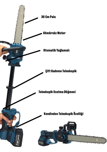 Kömürsüz Motor Otomatik Yağlama Kendinden Teleskopik Şarjlı Dal Budama Testeresi Makinesi modelleri
