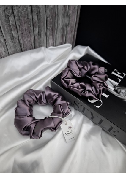 2'li Lüks Kadın Saten Toka - Tozlu Orkide - Lastik Model Scrunchie - Anne Kız Kombini