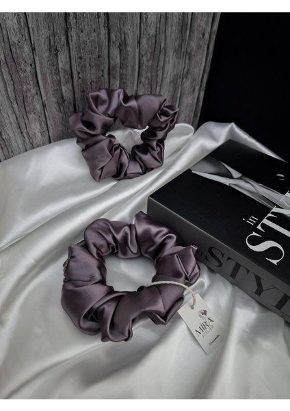 2'li Lüks Kadın Saten Toka - Tozlu Orkide - Lastik Model Scrunchie - Anne Kız Kombini fırsatları