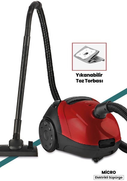 Kırmızı 2,5l Yıkanabilir Toz Torbalı Elektrikli Süpürge, 5 Yıl Garantili