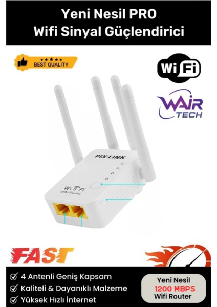 4 Antenli Tekrarlayıcı Wıfı Repeater Adsl Yükseltici 1200 Mbps Güçlendirici Tekrarlayıcı