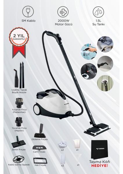 Çok Fonksiyonlu Buharlı Temizleyici ve Taşıma Kılıfı Hediyeli, Beyaz