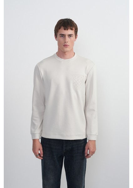 Erkek Desenli Bisiklet Yaka Bol Krem Sweatshirt