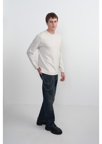 Erkek Desenli Bisiklet Yaka Bol Krem Sweatshirt fırsatları
