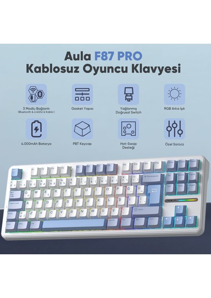 F87 Pro Mekanik Rgb Tkl Graywood V4 Switch Kablosuz Makrolu Hot Swap Türkçe Q Klavye Buz Mavisi fiyatları