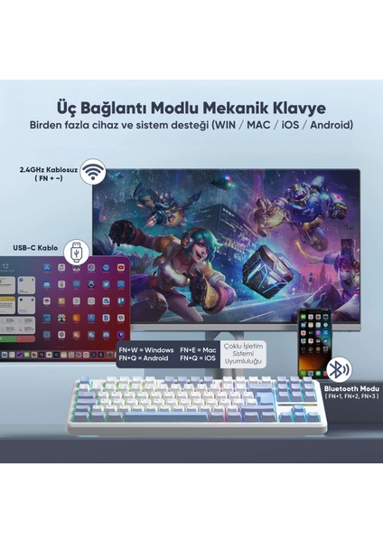 F87 Pro Mekanik Rgb Tkl Graywood V4 Switch Kablosuz Makrolu Hot Swap Türkçe Q Klavye Buz Mavisi modelleri