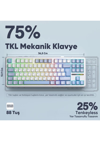 F87 Pro Mekanik Rgb Tkl Graywood V4 Switch Kablosuz Makrolu Hot Swap Türkçe Q Klavye Buz Mavisi fırsatları