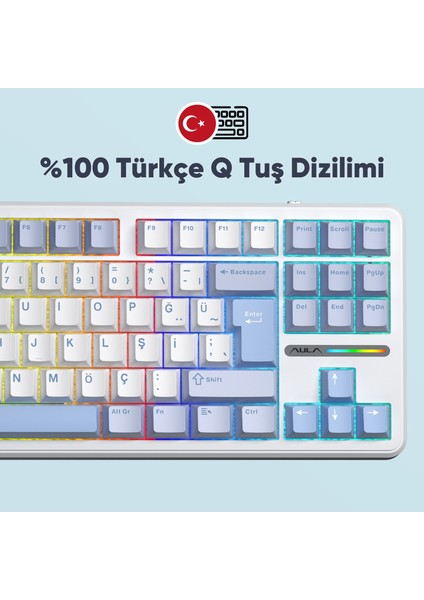 F87 Pro Mekanik Rgb Tkl Graywood V4 Switch Kablosuz Makrolu Hot Swap Türkçe Q Klavye Buz Mavisi indirimleri