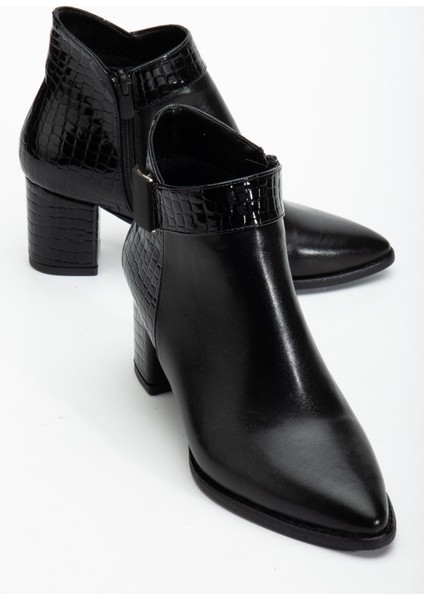 Siyah Kadın Topuklu Bot Kroko Rugan ve Suni Deri Tokalı