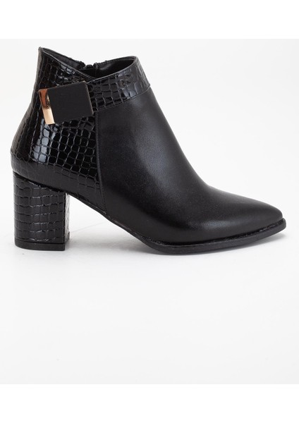 Siyah Kadın Topuklu Bot Kroko Rugan ve Suni Deri Tokalı modelleri