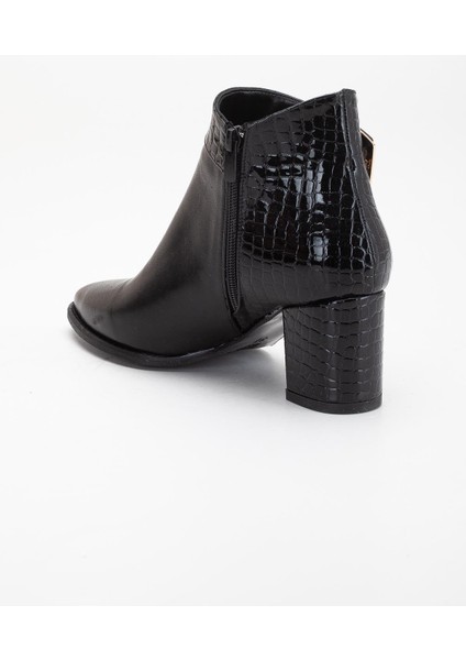 Siyah Kadın Topuklu Bot Kroko Rugan ve Suni Deri Tokalı indirimleri