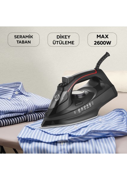 2600W Seramik Tabanlı Buharlı Ütü, Siyah, Hızlı ve Verimli Ütüleme