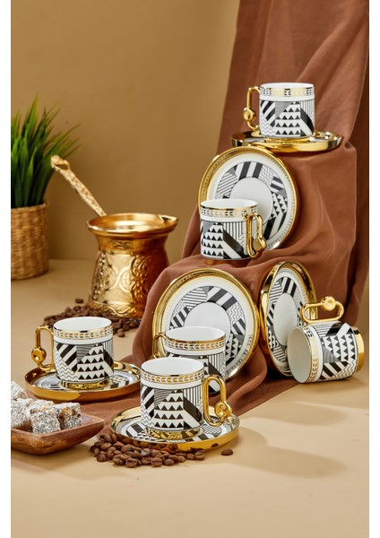 6’lı 90 ml Porselen Altın Siyah Desenli Kahve Fincan Takımı – Şık ve Hediyelik