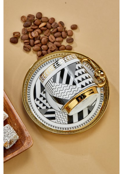 6’lı 90 ml Porselen Altın Siyah Desenli Kahve Fincan Takımı – Şık ve Hediyelik modelleri