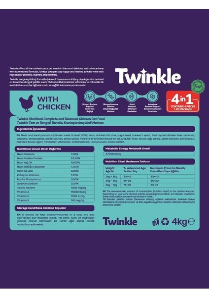 Tavuklu Kısırlaştırılmış Kedi Maması 4 kg – Yetişkin Kediler Için Düşük Tahıllı, Dengeli ve Proteinli Kuru Mama fiyatları