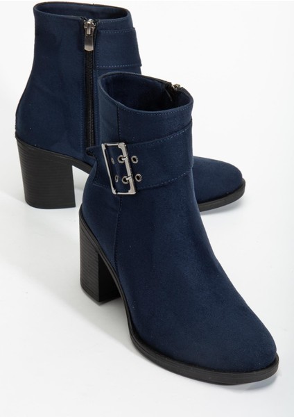Kadın Topuklu Bot Lacivert Süet Hazır Taban Yan Tokalı