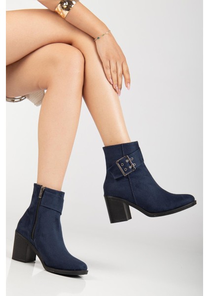Kadın Topuklu Bot Lacivert Süet Hazır Taban Yan Tokalı fiyatları