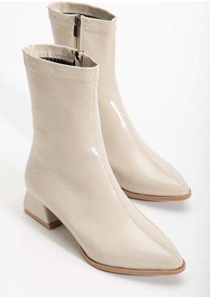 Kadın Kısa Topuklu Bot Bej Rugan Yüzü Dikişli