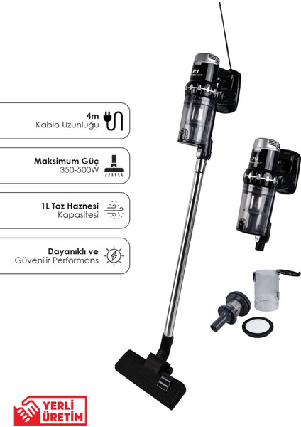 EK200 Kablolu Dikey Süpürge, Siyah, Güçlü ve Hafif Temizlik Aracı