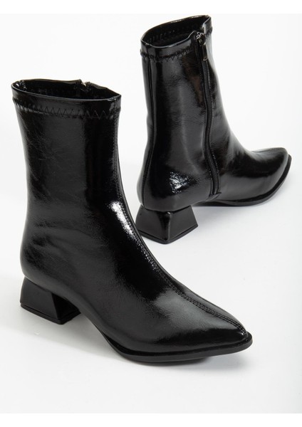 Kadın Kısa Topuklu Bot Siyah Rugan Yüzü Dikişli