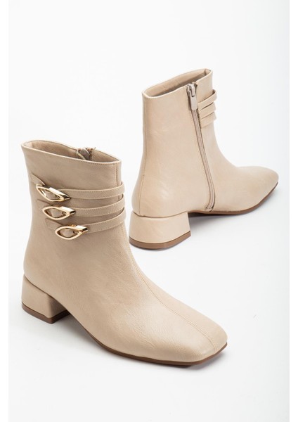 Kadın Kısa Topuklu Bot Bej Suni Deri Küt Burun Metal Tokalı