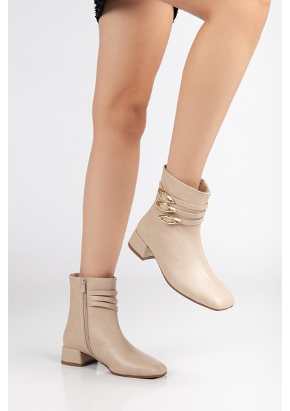 Kadın Kısa Topuklu Bot Bej Suni Deri Küt Burun Metal Tokalı fiyatları
