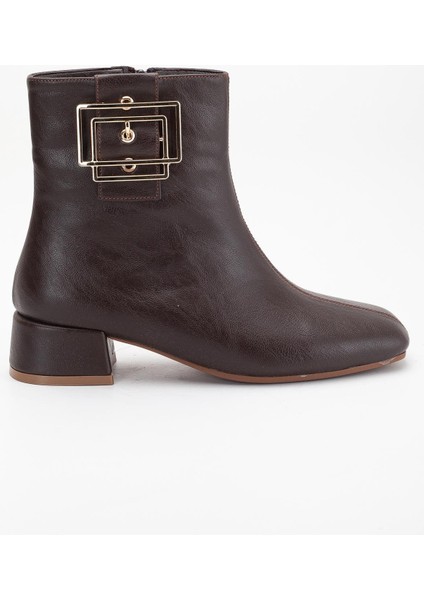 Kahverengi Kadın Kısa Topuklu Bot Küt Burun Metal Aksesuarlı Suni Deri modelleri