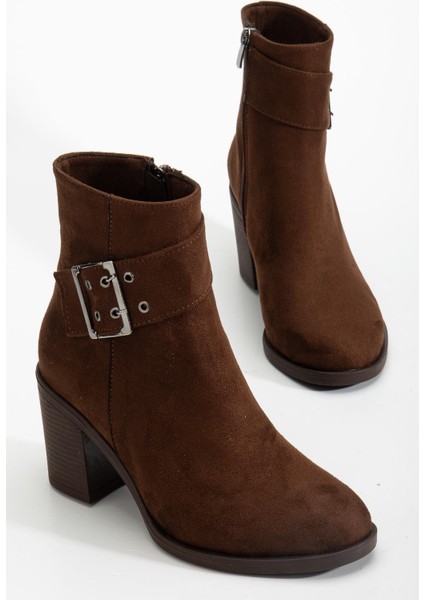 Kadın Topuklu Bot Kahve Süet Hazır Taban Yan Tokalı