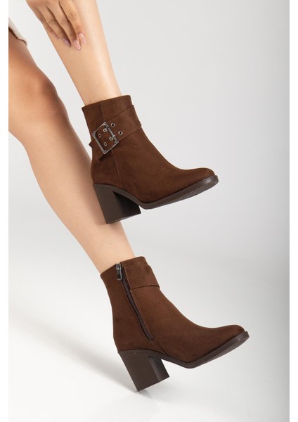 Kadın Topuklu Bot Kahve Süet Hazır Taban Yan Tokalı fiyatları