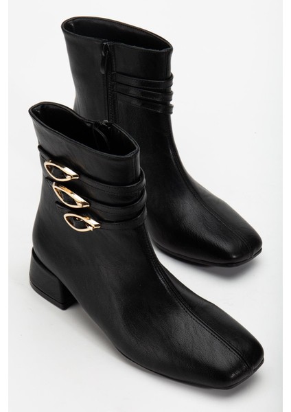 Kadın Kısa Topuklu Bot Siyah Suni Deri Küt Burun Metal Tokalı