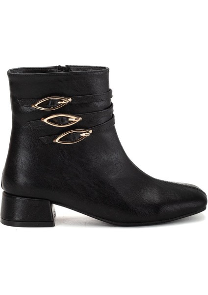 Kadın Kısa Topuklu Bot Siyah Suni Deri Küt Burun Metal Tokalı modelleri