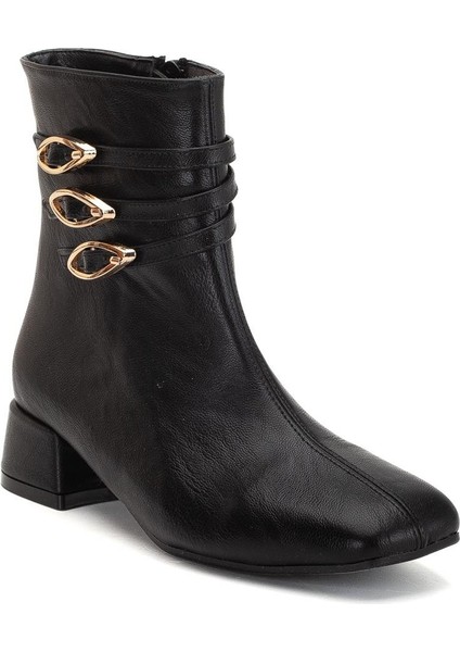 Kadın Kısa Topuklu Bot Siyah Suni Deri Küt Burun Metal Tokalı fırsatları