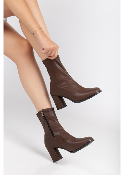 Kahverengi Kadın Topuklu Bot Streç Suni Deri Küt Burunlu Kalın Topuklu