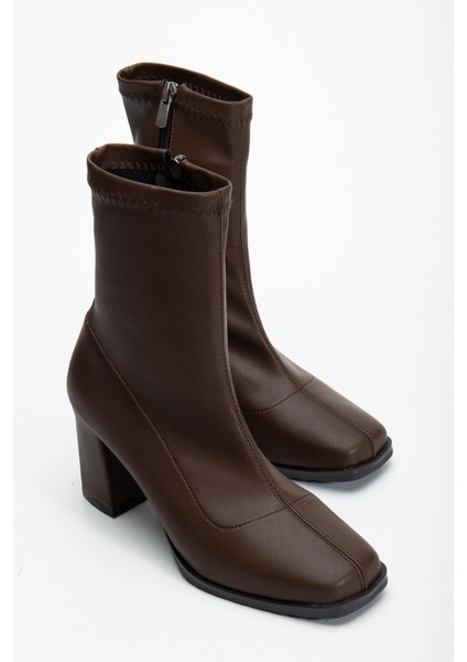 Kahverengi Kadın Topuklu Bot Streç Suni Deri Küt Burunlu Kalın Topuklu fiyatları