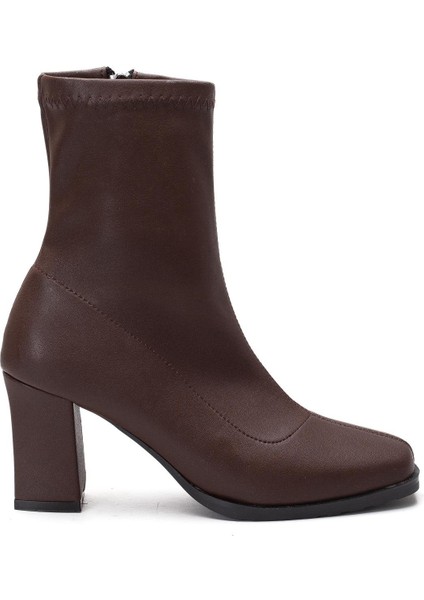 Kahverengi Kadın Topuklu Bot Streç Suni Deri Küt Burunlu Kalın Topuklu modelleri