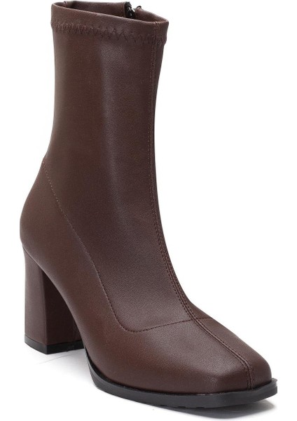 Kahverengi Kadın Topuklu Bot Streç Suni Deri Küt Burunlu Kalın Topuklu fırsatları