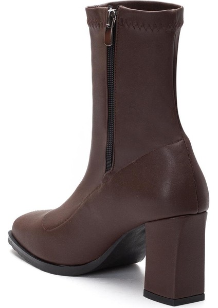 Kahverengi Kadın Topuklu Bot Streç Suni Deri Küt Burunlu Kalın Topuklu indirimleri