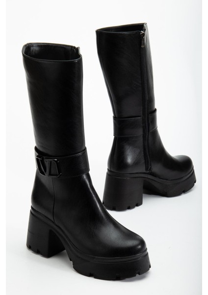 Siyah Kadın Platform Topuklu Çizme Diz Altı Suni Deri Kemer Tokalı