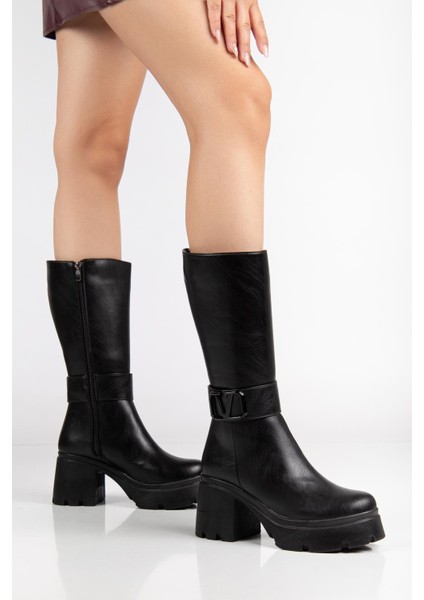 Siyah Kadın Platform Topuklu Çizme Diz Altı Suni Deri Kemer Tokalı fiyatları