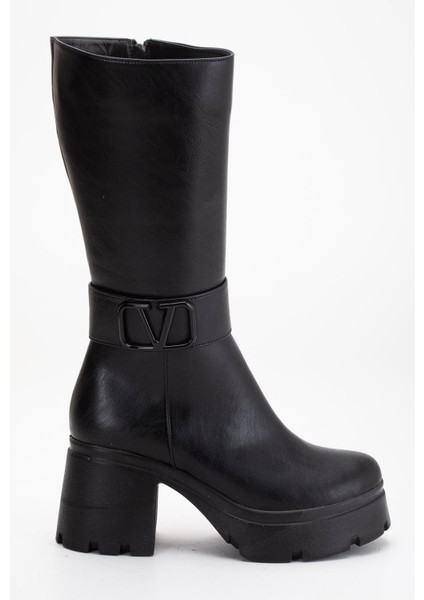 Siyah Kadın Platform Topuklu Çizme Diz Altı Suni Deri Kemer Tokalı modelleri