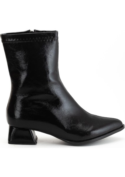 Kadın Kısa Topuklu Bot Siyah Rugan Yüzü Dikişli modelleri