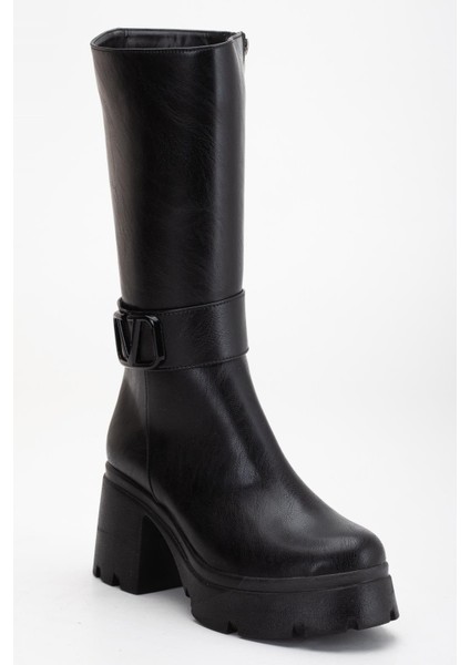 Siyah Kadın Platform Topuklu Çizme Diz Altı Suni Deri Kemer Tokalı fırsatları