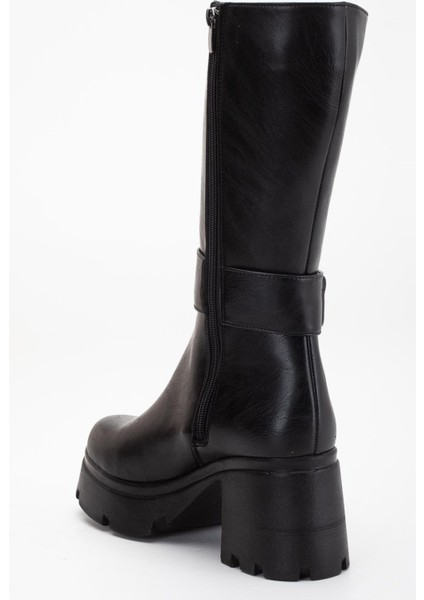 Siyah Kadın Platform Topuklu Çizme Diz Altı Suni Deri Kemer Tokalı indirimleri